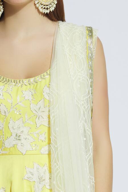 Mishru_Yellow Chanderi Embroidered Anarkali Set_at_Aza_Fashions
