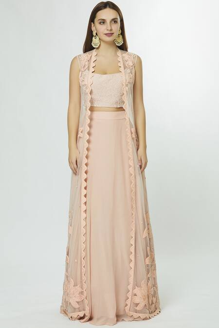 Mishru_Peach Georgette Chanderi Jacket Lehenga Set_Online_at_Aza_Fashions