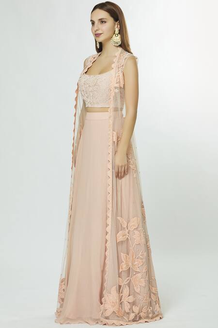 Buy_Mishru_Peach Georgette Chanderi Jacket Lehenga Set_Online_at_Aza_Fashions
