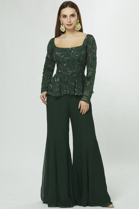 Mishru Green Organza Embellished Top With Pants