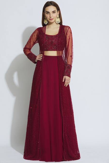 Mishru Maroon Georgette Embroidered Jacket Lehenga Set