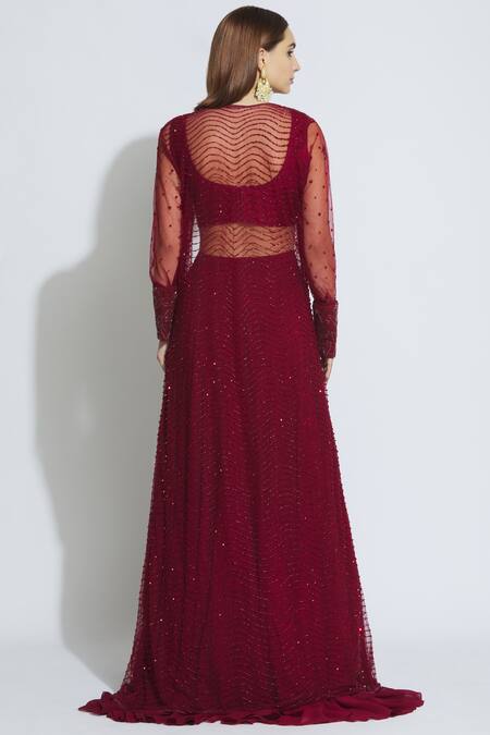 Shop_Mishru_Maroon Georgette Embroidered Jacket Lehenga Set_at_Aza_Fashions