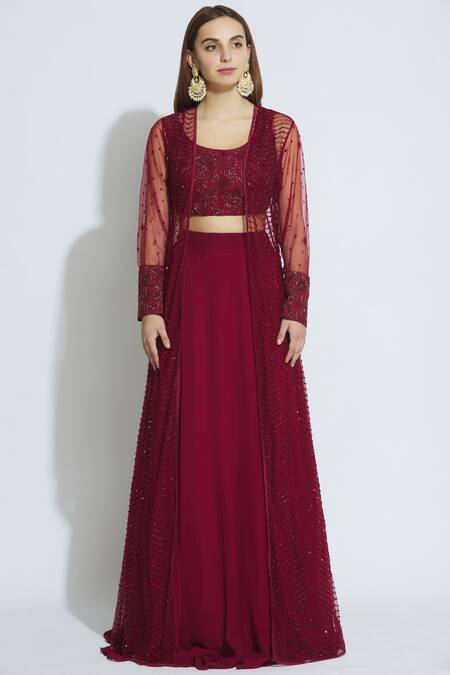 Mishru_Maroon Georgette Embroidered Jacket Lehenga Set_Online_at_Aza_Fashions