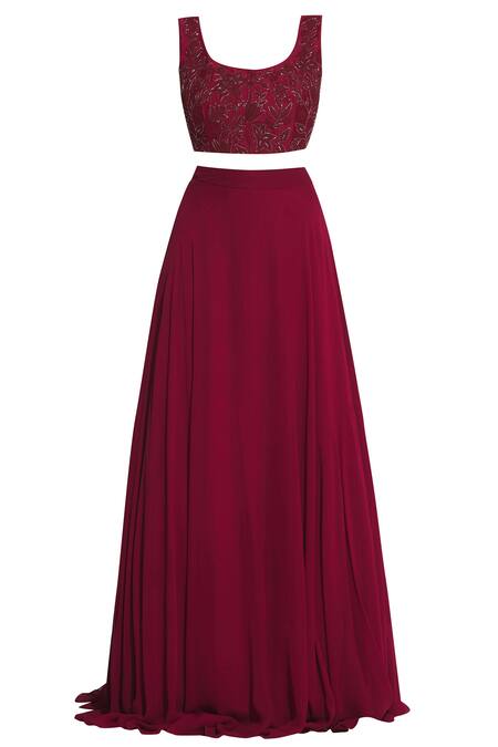 Buy_Mishru_Maroon Georgette Embroidered Jacket Lehenga Set_Online_at_Aza_Fashions