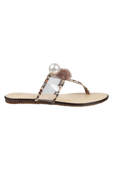 CRIMZON_Beige Embellished Clear-strap Flats_Online_at_Aza_Fashions