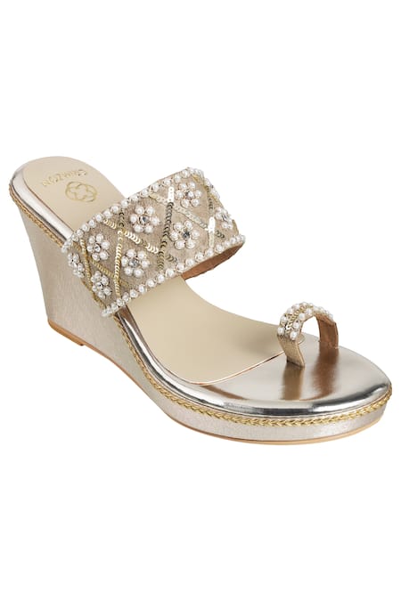 Crimzon Gold Embellished Toe-ring Wedges