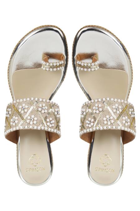 Shop CRIMZON Gold Embellished Toe-ring Wedges at Aza Fashions Shop_CRIMZON_Gold Embellished Toe-ring Wedges_at_Aza_Fashions