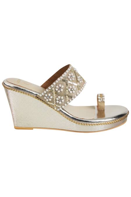 CRIMZON Gold Embellished Toe-ring Wedges Online at Aza Fashions CRIMZON_Gold Embellished Toe-ring Wedges_Online_at_Aza_Fashions