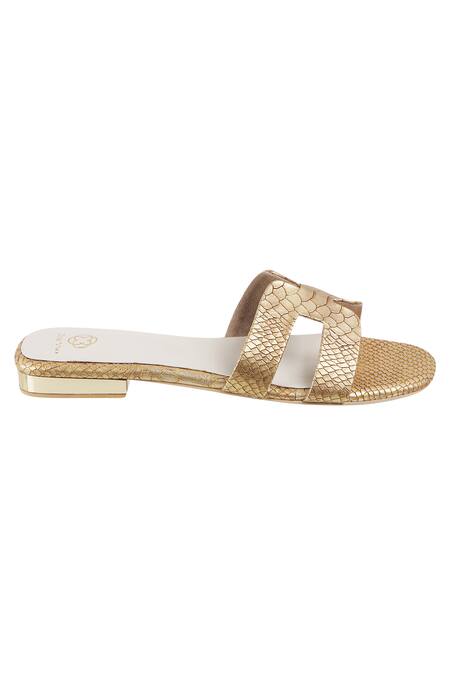CRIMZON_Gold Textured Flat Sandals_Online_at_Aza_Fashions