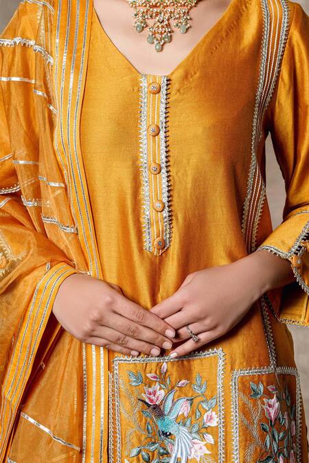 Ajiesh Oberoi Yellow Organza, Chanderi V Neck Kurta Set at Aza Fashions Ajiesh Oberoi_Yellow Organza, Chanderi V Neck Kurta Set _at_Aza_Fashions