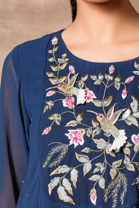 Shop_Ajiesh Oberoi_Blue Georgette Round Embroidered Kurta Set _Online_at_Aza_Fashions