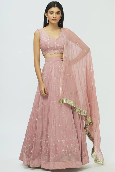 Pleats By Kaksha And Dimple_Pink Kasturi Crepe V Neck Embroidered Lehenga Set_Online_at_Aza_Fashions