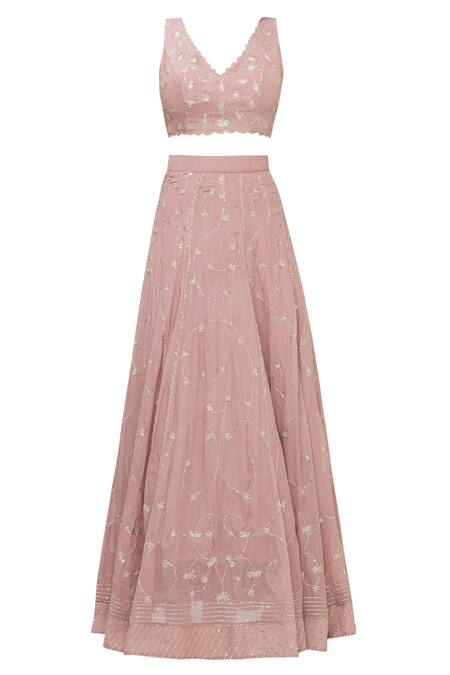 Shop_Pleats By Kaksha And Dimple_Pink Kasturi Crepe V Neck Embroidered Lehenga Set_Online_at_Aza_Fashions