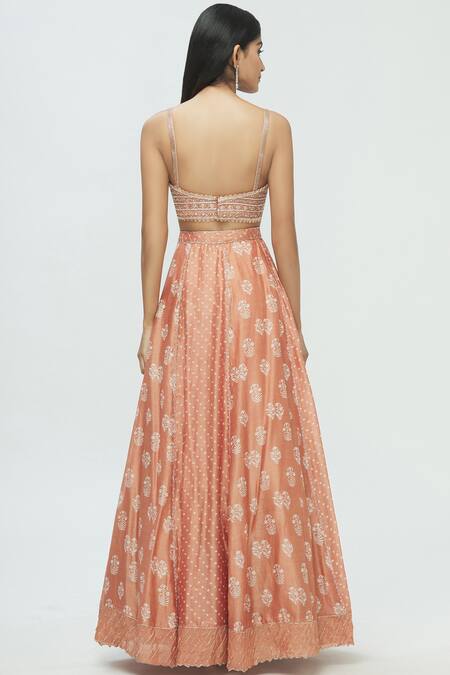 Shop Pleats By Kaksha And Dimple Orange Chanderi Square Neck Bandhani Lehenga Set at Aza Fashions Shop_Pleats By Kaksha And Dimple_Orange Chanderi Square Neck Bandhani Lehenga Set_at_Aza_Fashions