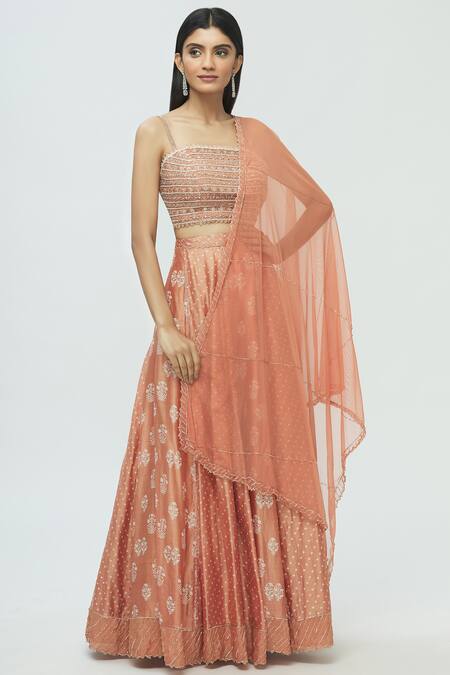 Pleats By Kaksha And Dimple Orange Chanderi Square Neck Bandhani Lehenga Set Online at Aza Fashions Pleats By Kaksha And Dimple_Orange Chanderi Square Neck Bandhani Lehenga Set_Online_at_Aza_Fashions