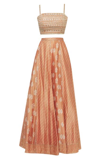 Shop Pleats By Kaksha And Dimple Orange Chanderi Square Neck Bandhani Lehenga Set Online at Aza Fashions Shop_Pleats By Kaksha And Dimple_Orange Chanderi Square Neck Bandhani Lehenga Set_Online_at_Aza_Fashions