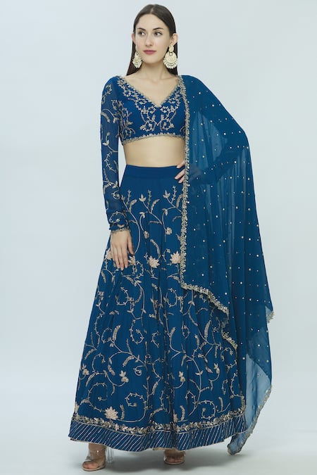 Pleats By Kaksha And Dimple_Blue Crepe, Georgette V Neck Embellished Lehenga Set_Online_at_Aza_Fashions