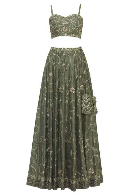 Shop_Pleats By Kaksha And Dimple_Green Raw Silk, Crepe Sweetheart Neck Embellished Lehenga Set_Online_at_Aza_Fashions