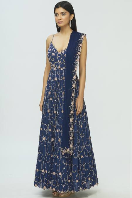 Pleats By Kaksha And Dimple_Blue Kasturi Crepe V Neck Embroidered Anarkali With Dupatta_Online_at_Aza_Fashions