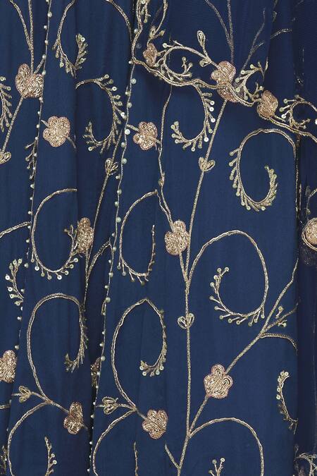 Pleats By Kaksha And Dimple_Blue Kasturi Crepe V Neck Embroidered Anarkali With Dupatta_at_Aza_Fashions