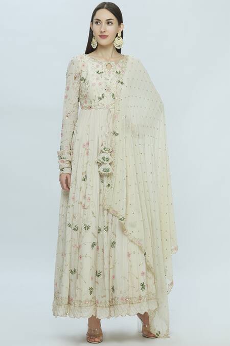 Buy_Pleats By Kaksha And Dimple_White Crepe Round Embellished Anarkali With Dupatta_Online_at_Aza_Fashions