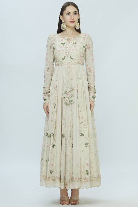 Shop_Pleats By Kaksha And Dimple_White Crepe Round Embellished Anarkali With Dupatta_Online_at_Aza_Fashions