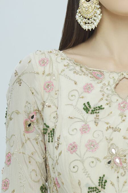 Pleats By Kaksha And Dimple_White Crepe Round Embellished Anarkali With Dupatta_at_Aza_Fashions