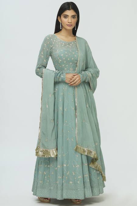 Pleats By Kaksha And Dimple Blue Kasturi Crepe Round Embroidered Anarkali With Dupatta