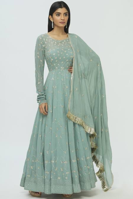 Pleats By Kaksha And Dimple_Blue Kasturi Crepe Round Embroidered Anarkali With Dupatta_Online_at_Aza_Fashions