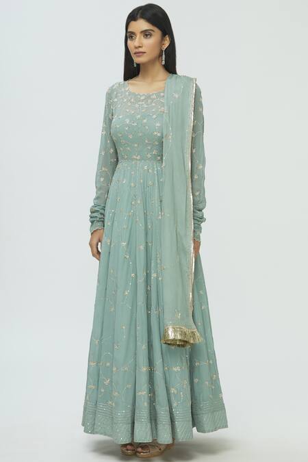 Buy_Pleats By Kaksha And Dimple_Blue Kasturi Crepe Round Embroidered Anarkali With Dupatta_Online_at_Aza_Fashions