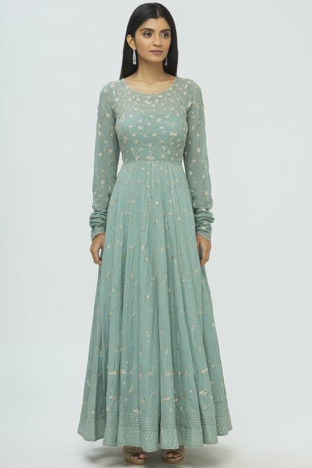 Shop_Pleats By Kaksha And Dimple_Blue Kasturi Crepe Round Embroidered Anarkali With Dupatta_Online_at_Aza_Fashions