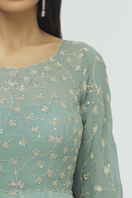 Pleats By Kaksha And Dimple_Blue Kasturi Crepe Round Embroidered Anarkali With Dupatta_at_Aza_Fashions