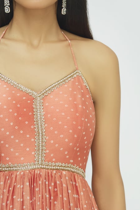 Pleats By Kaksha And Dimple_Orange Chanderi V Neck Anarkali With Dupatta_at_Aza_Fashions