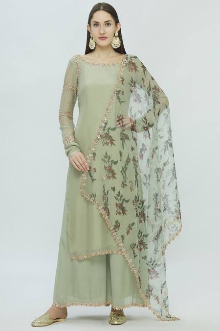 Pleats By Kaksha And Dimple_Green Crepe Round Embellished Kurta Set_Online_at_Aza_Fashions