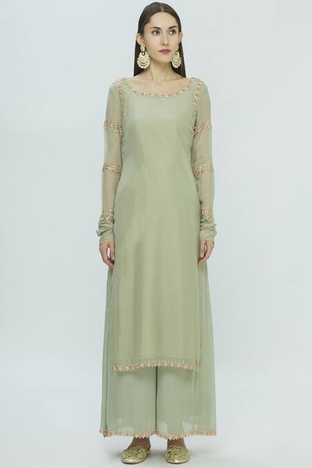 Buy_Pleats By Kaksha And Dimple_Green Crepe Round Embellished Kurta Set_Online_at_Aza_Fashions