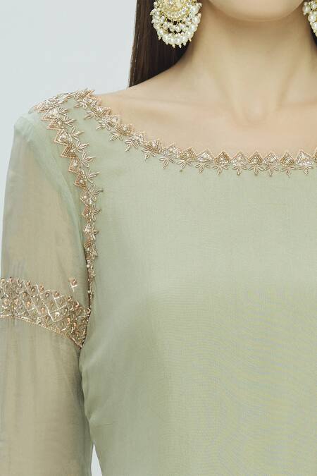 Pleats By Kaksha And Dimple_Green Crepe Round Embellished Kurta Set_at_Aza_Fashions