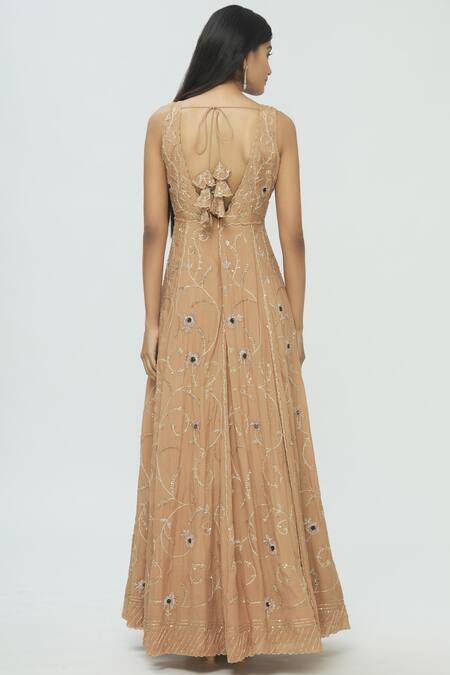 Shop Pleats By Kaksha And Dimple Beige Kasturi Crepe V Neck Embroidered Anarkali With Dupatta at Aza Fashions Shop_Pleats By Kaksha And Dimple_Beige Kasturi Crepe V Neck Embroidered Anarkali With Dupatta_at_Aza_Fashions