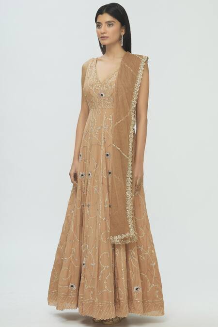 Pleats By Kaksha And Dimple Beige Kasturi Crepe V Neck Embroidered Anarkali With Dupatta Online at Aza Fashions Pleats By Kaksha And Dimple_Beige Kasturi Crepe V Neck Embroidered Anarkali With Dupatta_Online_at_Aza_Fashions