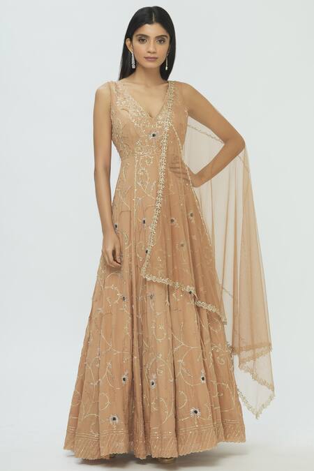 Buy Pleats By Kaksha And Dimple Beige Kasturi Crepe V Neck Embroidered Anarkali With Dupatta Online at Aza Fashions Buy_Pleats By Kaksha And Dimple_Beige Kasturi Crepe V Neck Embroidered Anarkali With Dupatta_Online_at_Aza_Fashions