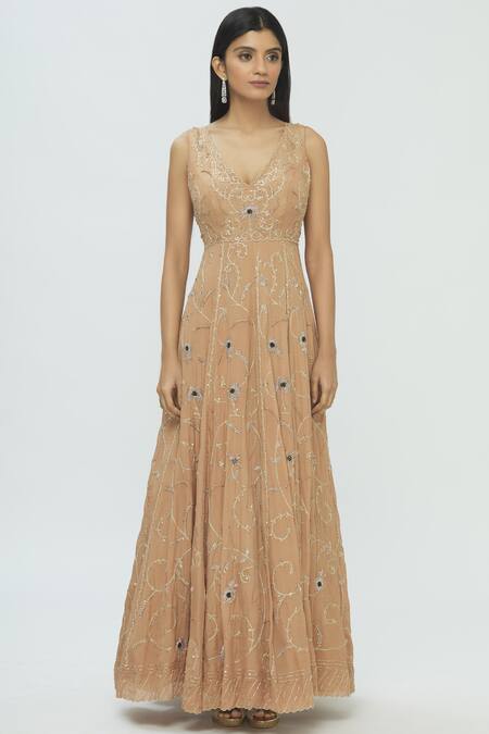 Shop Pleats By Kaksha And Dimple Beige Kasturi Crepe V Neck Embroidered Anarkali With Dupatta Online at Aza Fashions Shop_Pleats By Kaksha And Dimple_Beige Kasturi Crepe V Neck Embroidered Anarkali With Dupatta_Online_at_Aza_Fashions