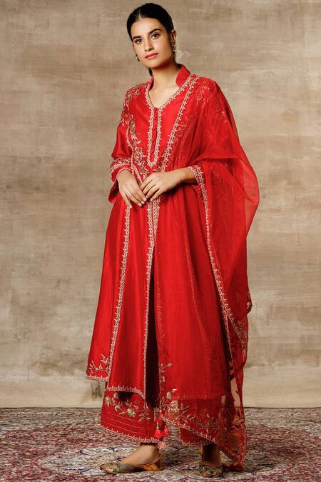 Ajiesh Oberoi Red Chanderi Mandarin Collar Embroidered Kurta Palazzo Set Online at Aza Fashions Ajiesh Oberoi_Red Chanderi Mandarin Collar Embroidered Kurta Palazzo Set _Online_at_Aza_Fashions
