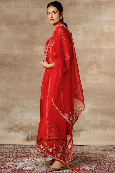 Buy Ajiesh Oberoi Red Chanderi Mandarin Collar Embroidered Kurta Palazzo Set Online at Aza Fashions Buy_Ajiesh Oberoi_Red Chanderi Mandarin Collar Embroidered Kurta Palazzo Set _Online_at_Aza_Fashions