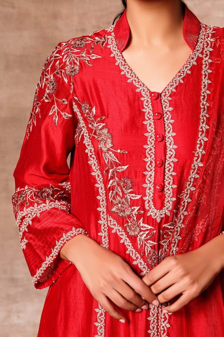 Shop Ajiesh Oberoi Red Chanderi Mandarin Collar Embroidered Kurta Palazzo Set Online at Aza Fashions Shop_Ajiesh Oberoi_Red Chanderi Mandarin Collar Embroidered Kurta Palazzo Set _Online_at_Aza_Fashions
