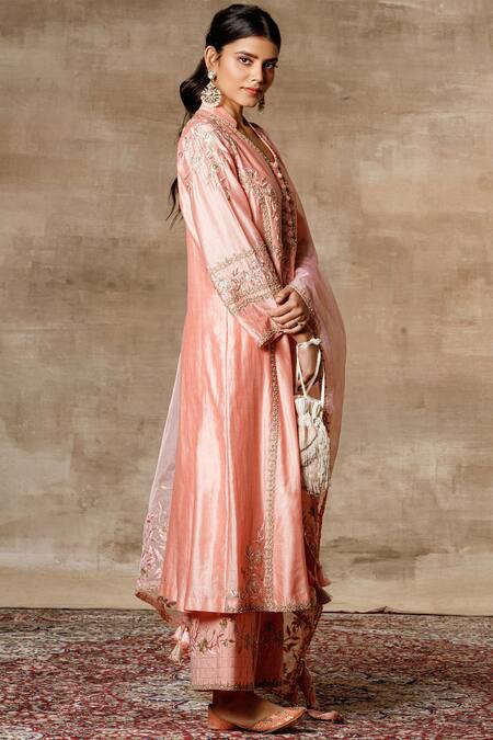 Ajiesh Oberoi Peach Chanderi Mandarin Collar Embroidered Kurta Palazzo Set Online at Aza Fashions Ajiesh Oberoi_Peach Chanderi Mandarin Collar Embroidered Kurta Palazzo Set _Online_at_Aza_Fashions