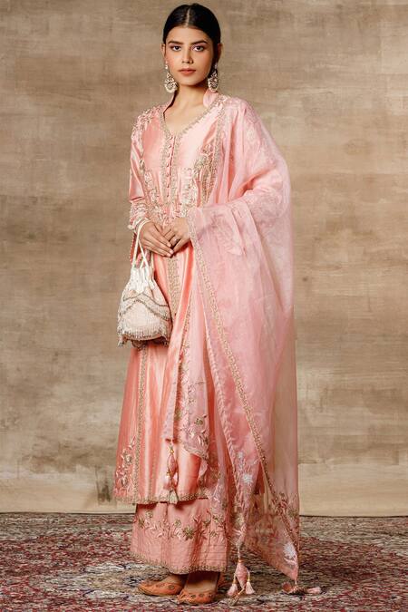 Buy Ajiesh Oberoi Peach Chanderi Mandarin Collar Embroidered Kurta Palazzo Set Online at Aza Fashions Buy_Ajiesh Oberoi_Peach Chanderi Mandarin Collar Embroidered Kurta Palazzo Set _Online_at_Aza_Fashions