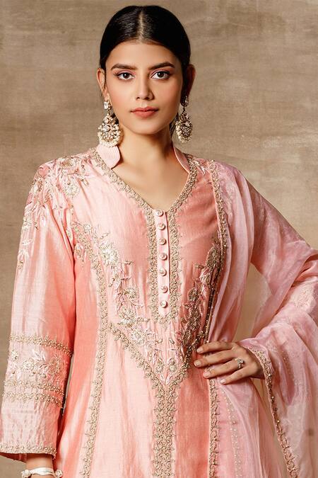 Shop Ajiesh Oberoi Peach Chanderi Mandarin Collar Embroidered Kurta Palazzo Set Online at Aza Fashions Shop_Ajiesh Oberoi_Peach Chanderi Mandarin Collar Embroidered Kurta Palazzo Set _Online_at_Aza_Fashions