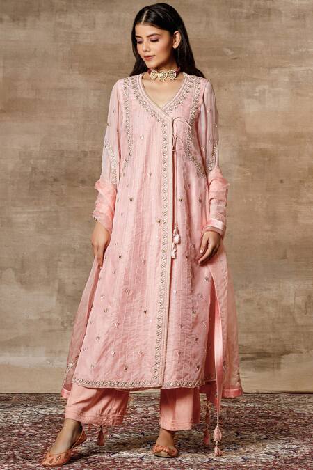 Shop Ajiesh Oberoi Peach Organza V-shaped Embroidered Kurta Palazzo Set Online at Aza Fashions Shop_Ajiesh Oberoi_Peach Organza V-shaped Embroidered Kurta Palazzo Set _Online_at_Aza_Fashions