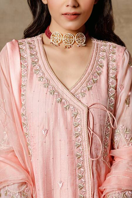 Ajiesh Oberoi Peach Organza V-shaped Embroidered Kurta Palazzo Set at Aza Fashions Ajiesh Oberoi_Peach Organza V-shaped Embroidered Kurta Palazzo Set _at_Aza_Fashions