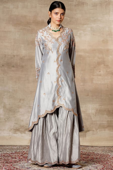 Ajiesh Oberoi Grey Chanderi Mandarin Collar Jacket Sharara Set 