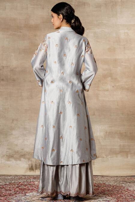 Shop_Ajiesh Oberoi_Grey Chanderi Mandarin Collar Jacket Sharara Set_at_Aza_Fashions
